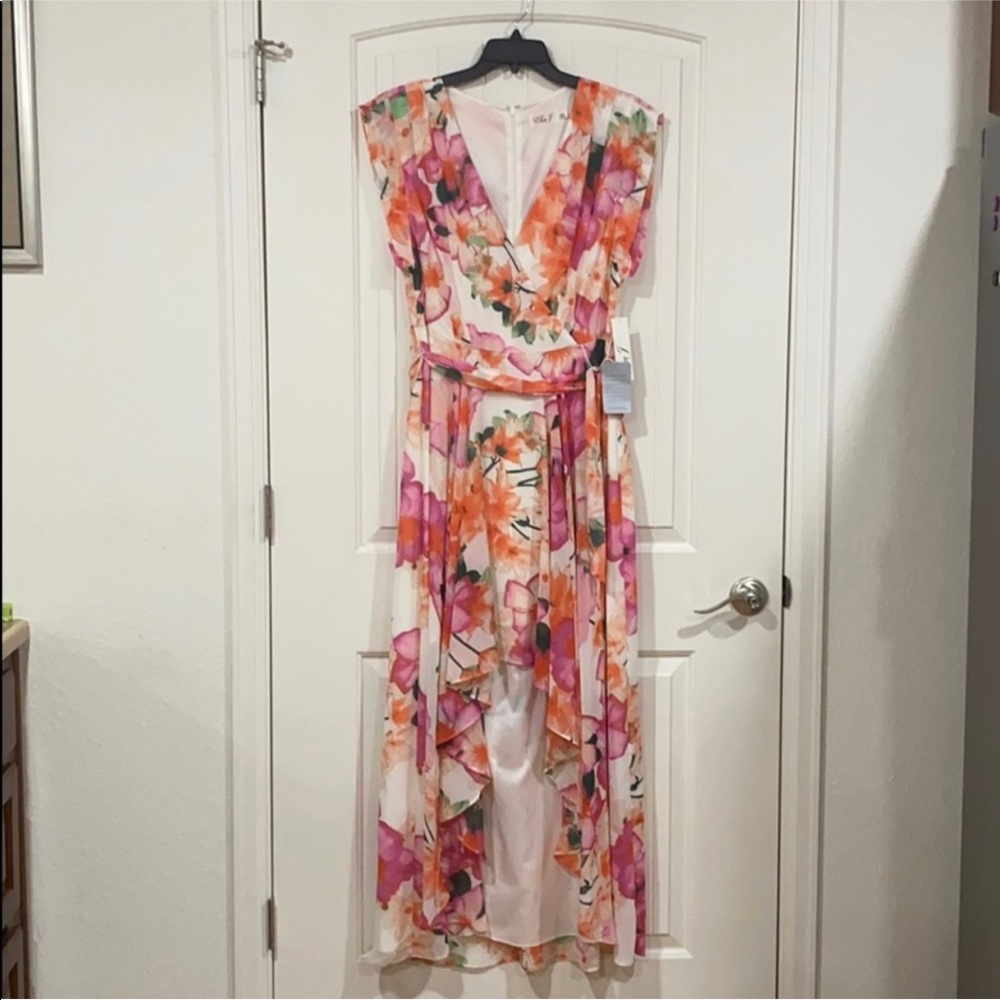 Eliza J faux wrap chiffon high/low dress